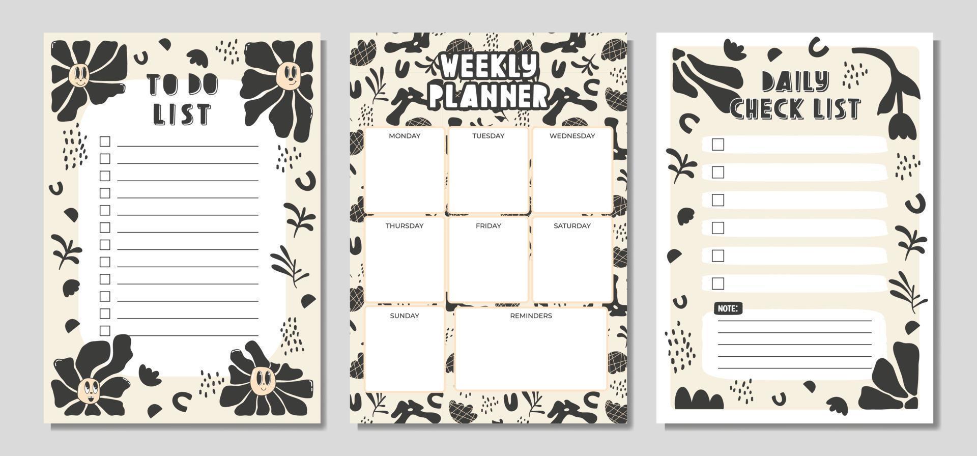 checklistplanner, notitiepapier, takenlijst versierd met schattige cartoon doodle bloemen en botanische illustraties en inspirerende quote. schoolplanner en organisator. platte vectoren