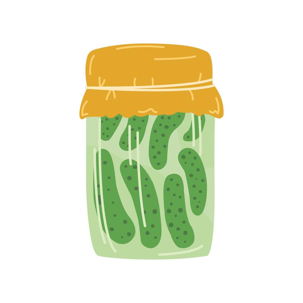 hand getekende kleurrijke pot ingemaakte komkommers doodle stijl, vectorillustratie geïsoleerd op een witte achtergrond. voedsel bereiden voor de winter, gele hoes, decoratief ontwerpelement vector