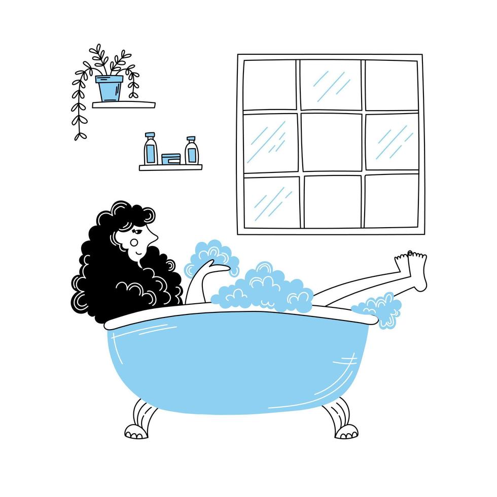 meisje in de badkamer. zelfzorg. een bubbelbad nemen. comfort en ontspanning. hand getrokken doodle. vector