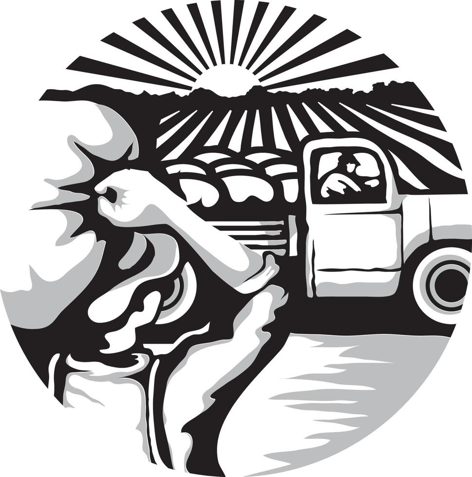 illustratie van gewasoogstactiviteit in een boerderij waar een boer een zak met gewassen vervoert en een andere die een vrachtwagen bestuurt. vector