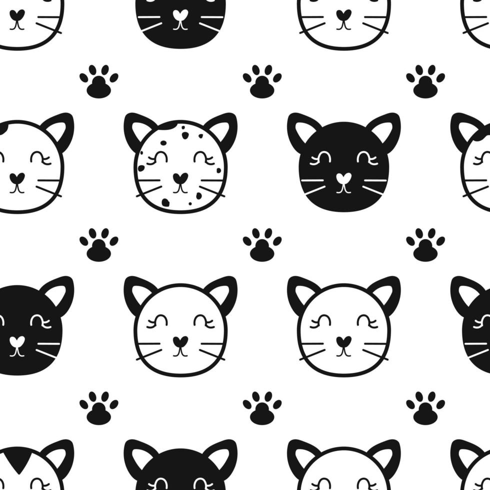 schattige kat vector naadloze patroon, eenvoudige doodle kitty gezicht achtergrondbehang, platte stof print, huisdier huisdier. omtrek silhouet.