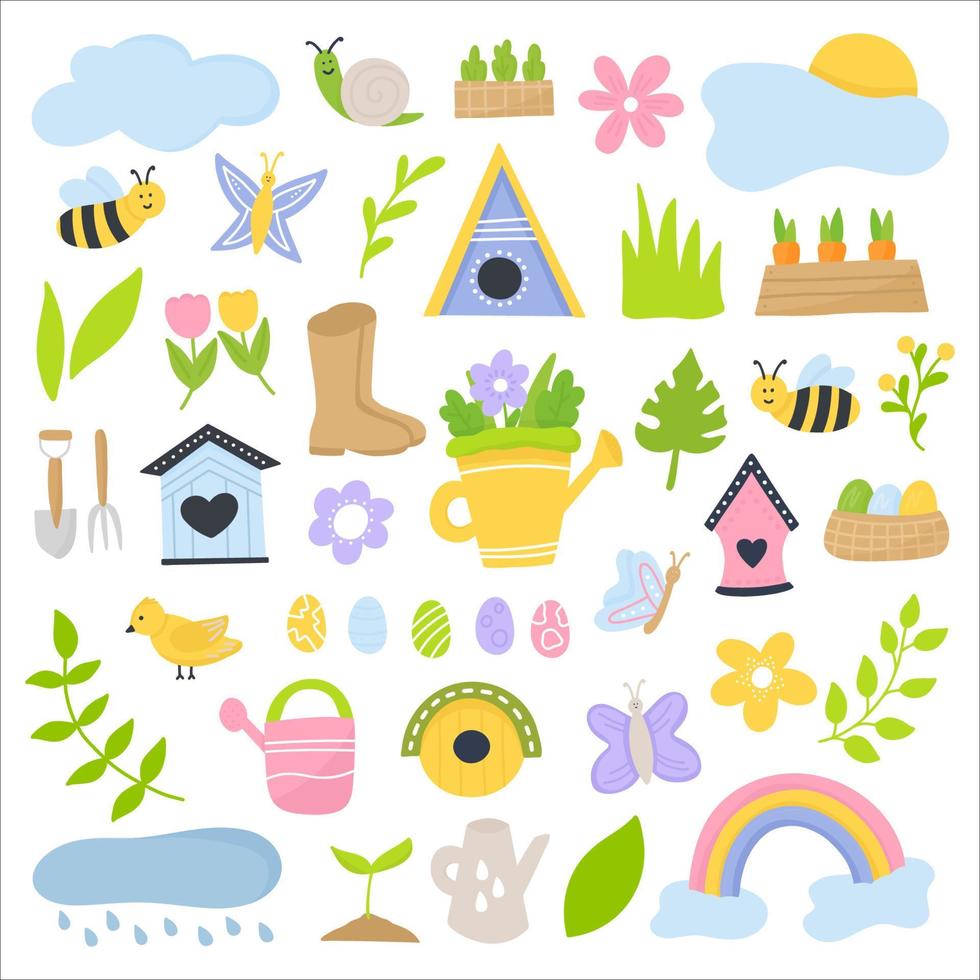 lente set handgetekende elementen - bloemen, nestkastjes, vogels, insecten, eieren en andere. voor poster, tag, stickerkit. vector illustratie