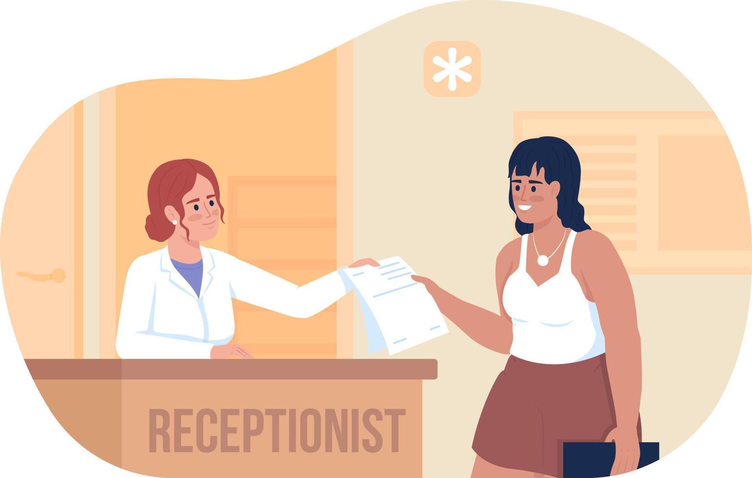 vrouw en ziekenhuis receptioniste 2d vector geïsoleerde illustratie. geneeskunde platte karakters op cartoon achtergrond. gezondheid kleurrijke bewerkbare scène voor mobiel, website, presentatie