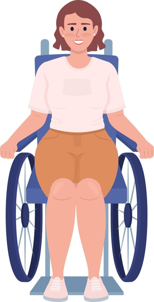 lachende vrouw die rolstoel semi-egale kleur vector karakter gebruikt. bewerkbare figuur. volledige lichaamspersoon op wit. inclusie eenvoudige cartoon-stijl illustratie voor web grafisch ontwerp en animatie