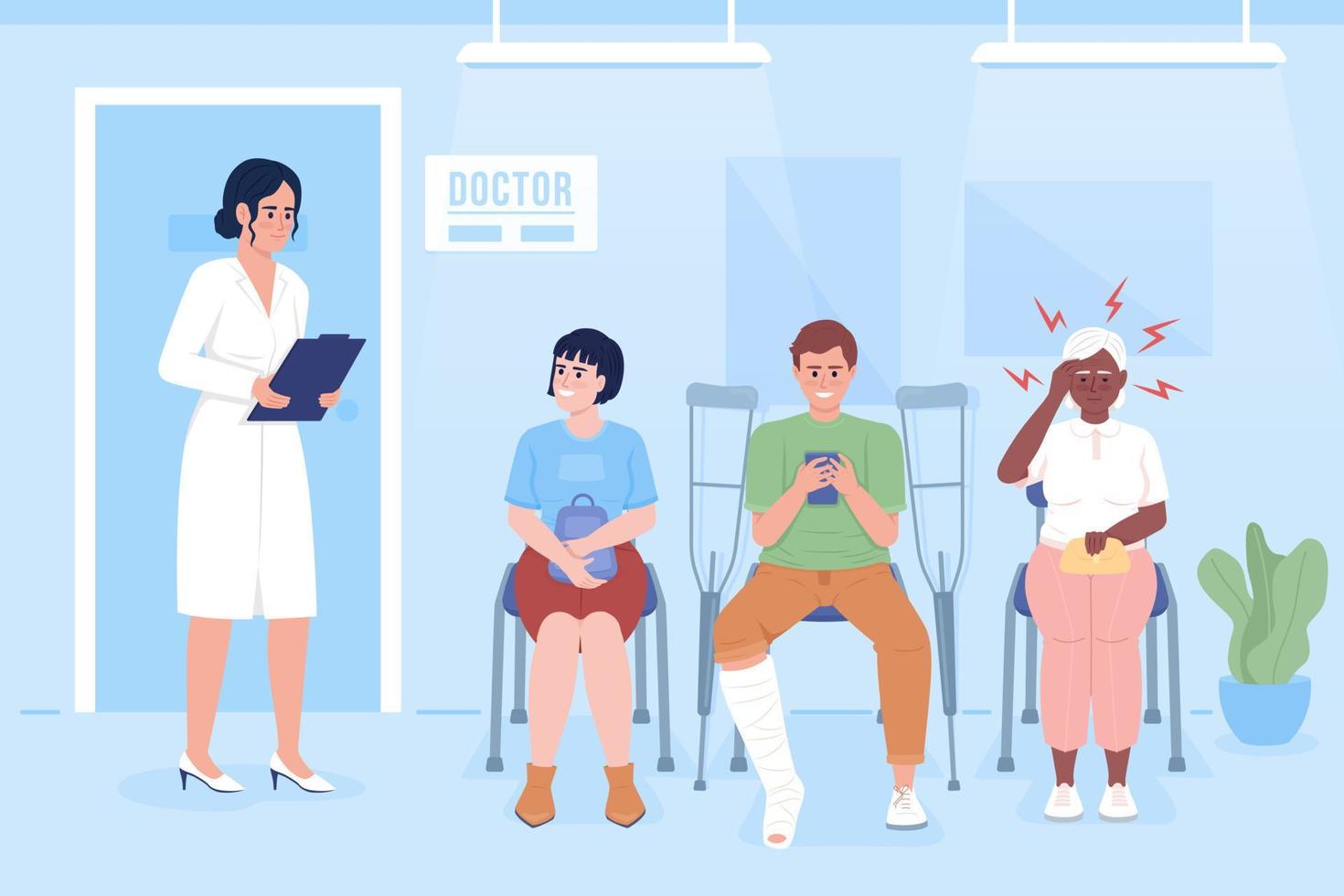 patiënten wachten op dokter afspraak egale kleur vectorillustratie. wachtrij in het ziekenhuis. gezondheidszorg. volledig bewerkbare 2D-eenvoudige stripfiguren met kliniek op de achtergrond vector