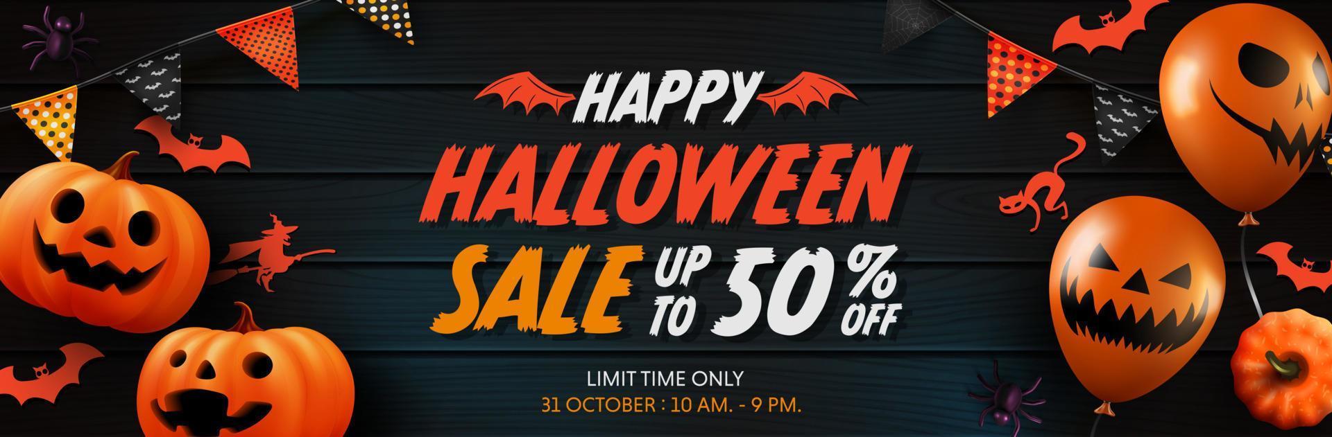 halloween verkoop promotie poster of banner met halloween spook ballonnen en pompoen.enge lucht ballonnen, vleermuis en halloween elements.website spooky, achtergrond of banner halloween sjabloon. vector