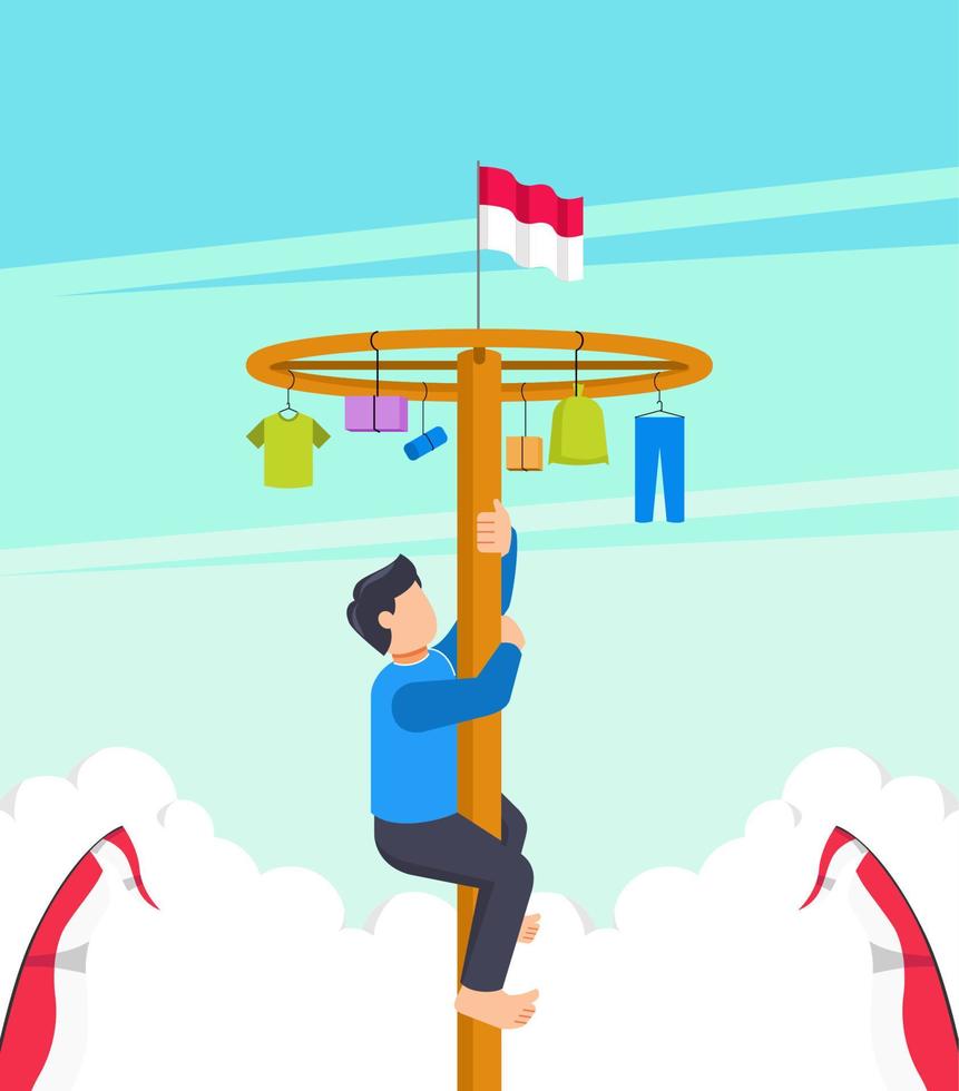 man speelt panjat pinang of paalklimmen om de onafhankelijke dag van indonesië te vieren vector