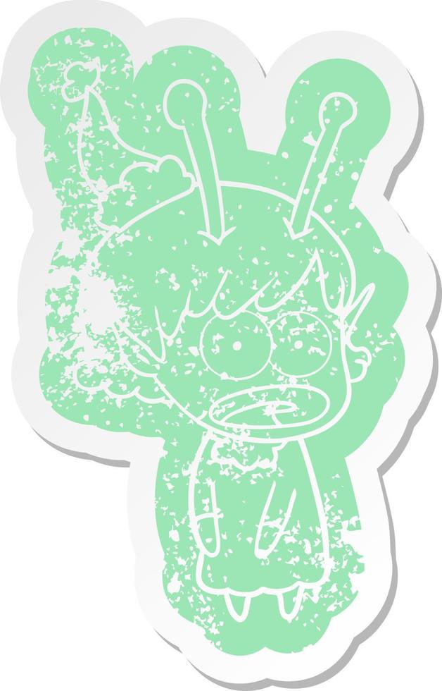 cartoon verontruste sticker van een geschokt buitenaards meisje met een kerstmuts vector