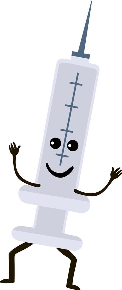glimlachend stripfiguur mascotte medische spuit vaccin winnaar concept. schattige kawaii spuit vector