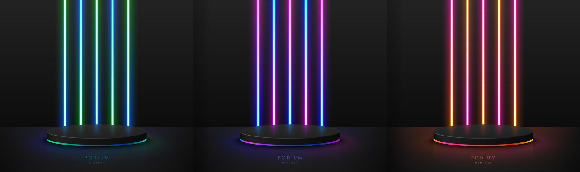 set van realistische zwarte 3d cilinder sokkel podium met rode, roze, blauwe, gele gloeiende verticale lichte neon achtergrond. abstracte minimale scène. mockup producten, podium showcase, vector geometrische vormen.