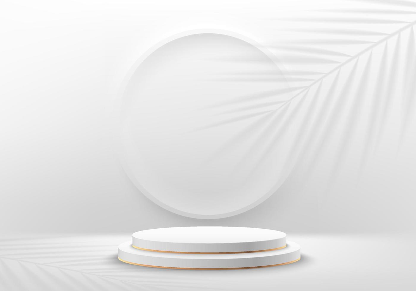 realistisch 3d wit cilindervoetstukpodium met cirkelscène en palmbladschaduwoverlay-achtergrond. abstracte minimale scène voor de showcase van het productpodium, promotievertoning. vector geometrische vormen.