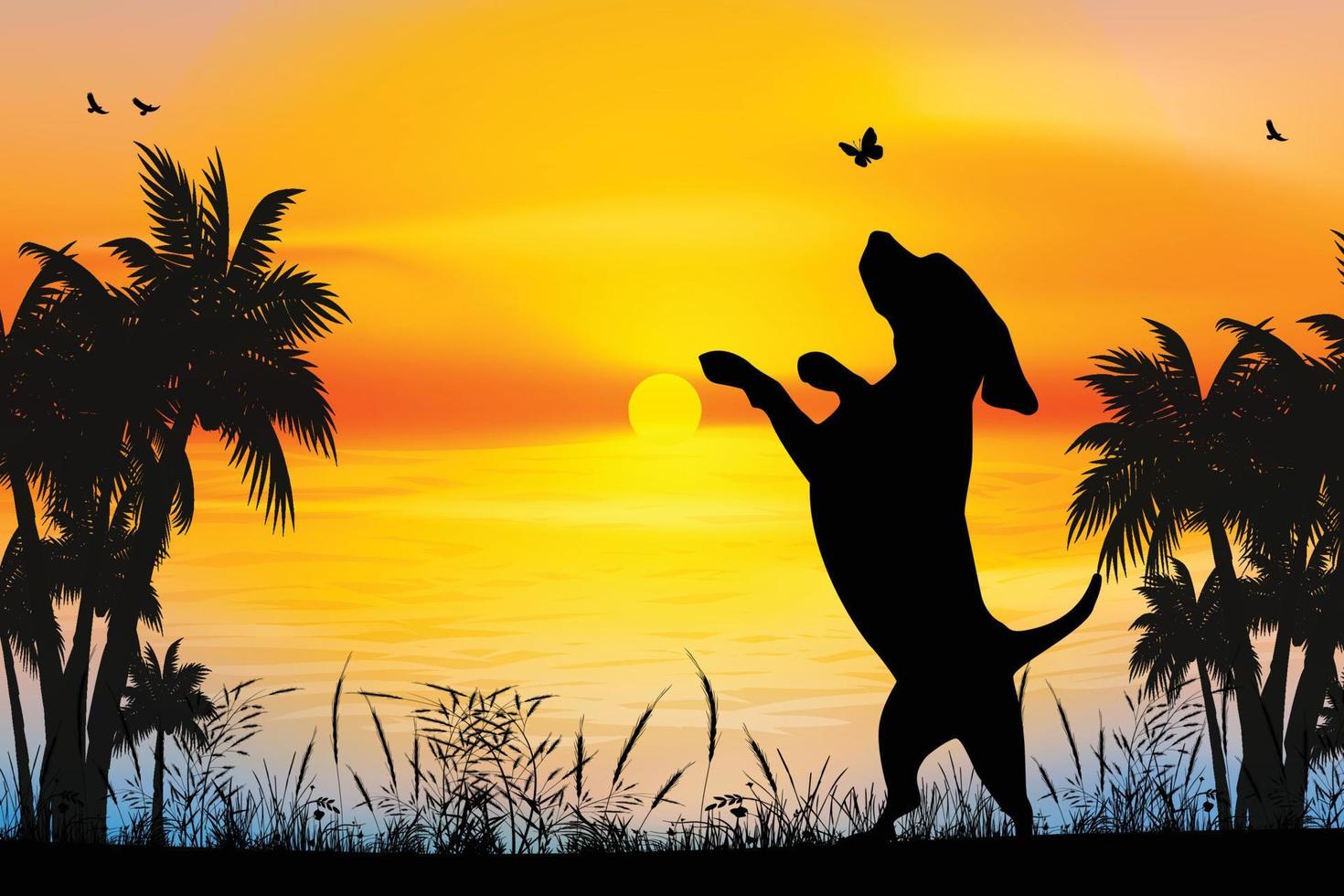 schattige hond en vlinder silhouet vector