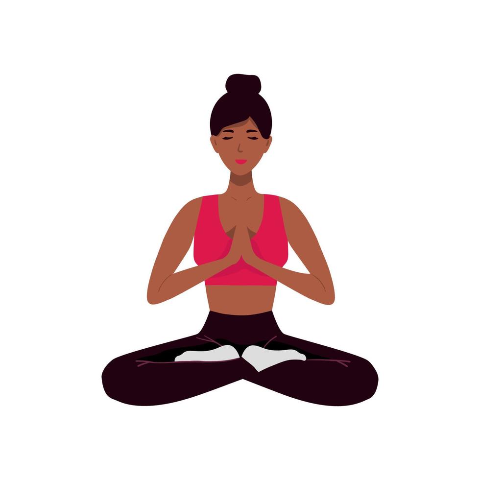 Afro-Amerikaanse mediterende vrouw. vectorillustratie van cartoon jonge vrouw zitten in yoga lotuspositie omringd door bladeren van de plant. yoga lotus pose, vrouwen wellness-concept. plat geïsoleerd op wit vector