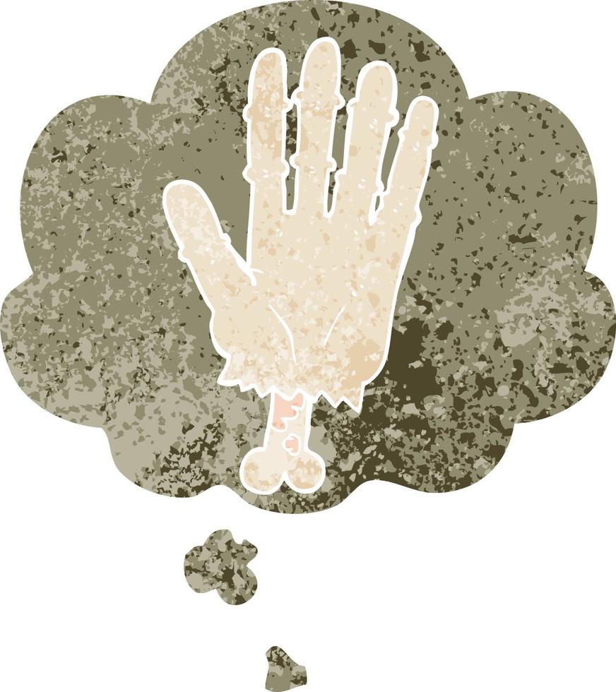 cartoon zombie hand en gedachte bel in retro getextureerde stijl vector