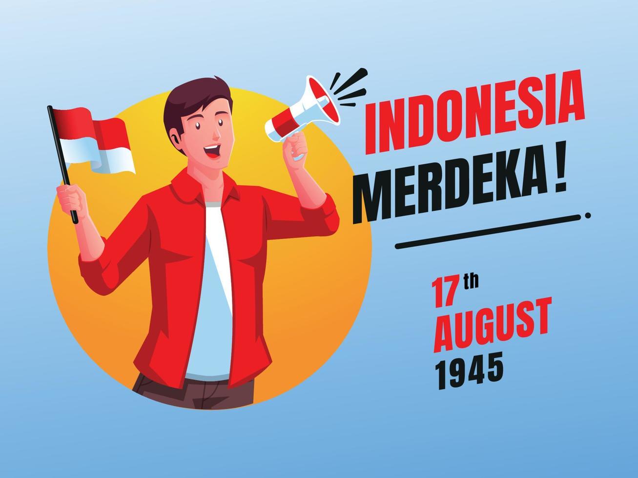 een man met een indonesische vlag die de onafhankelijkheidsdag van indonesië viert vector