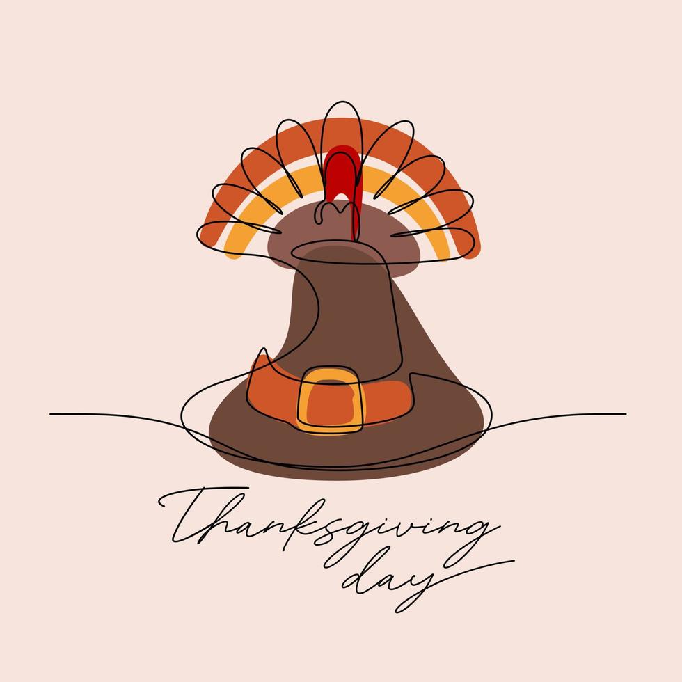 doorlopende gekleurde lijntekening van kalkoen en pelgrimshoed vieren Thanksgiving Day vector
