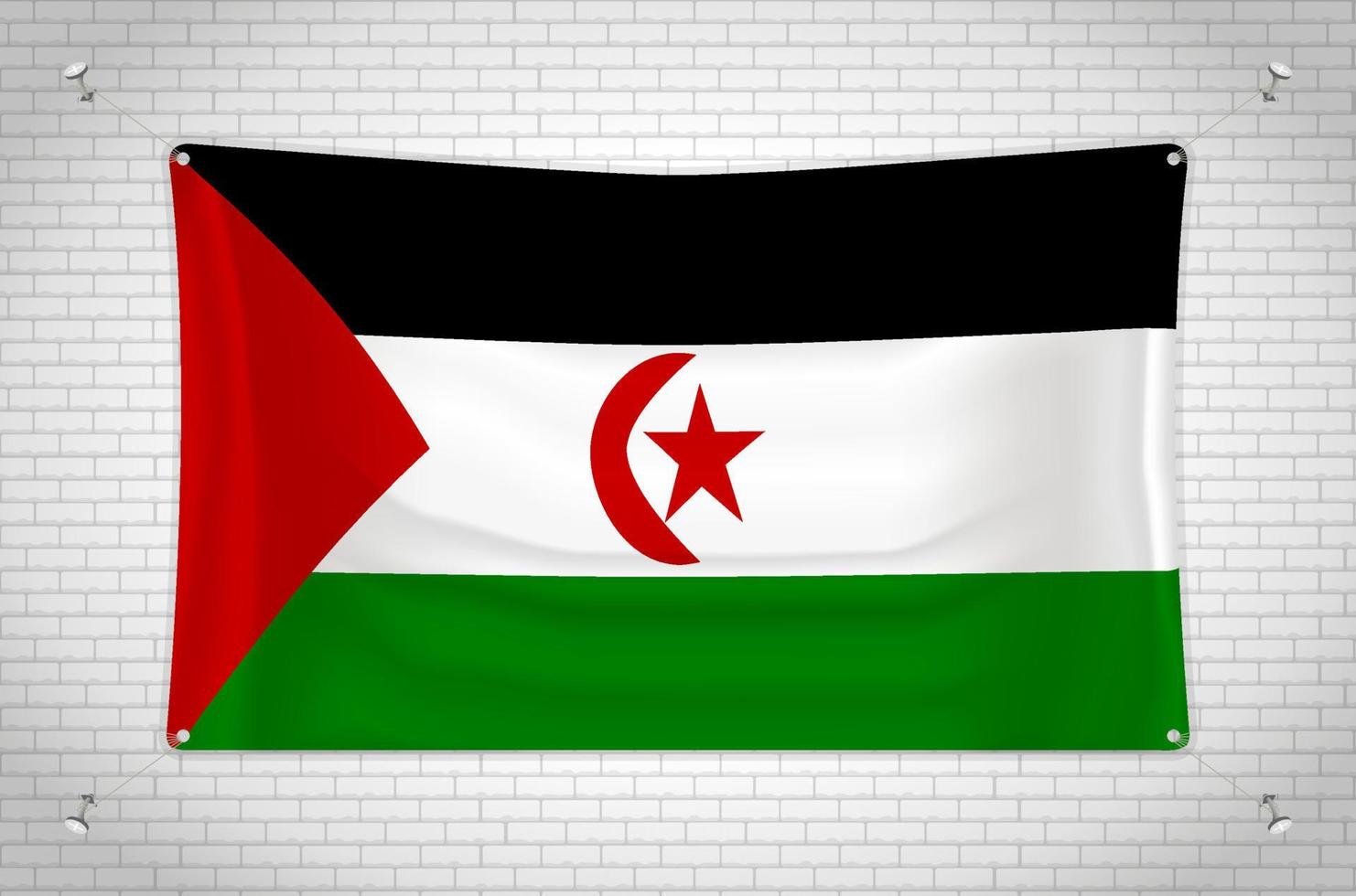 vlag van de westelijke sahara die op bakstenen muur hangt. 3D-tekening. vlag aan de muur. netjes in groepen tekenen op afzonderlijke lagen voor eenvoudige bewerking. vector