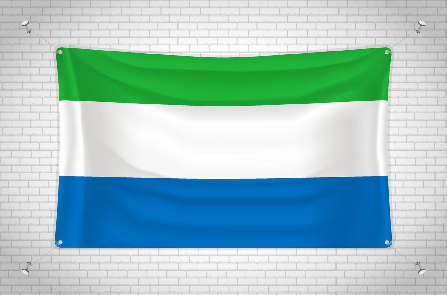 Sierra Leone-vlag die op bakstenen muur hangt. 3D-tekening. vlag aan de muur. netjes in groepen tekenen op afzonderlijke lagen voor eenvoudige bewerking. vector