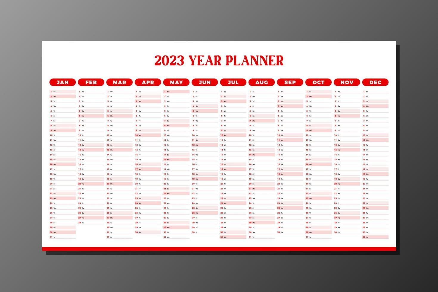 2023 jaarplanner rood en wit sjabloon vector