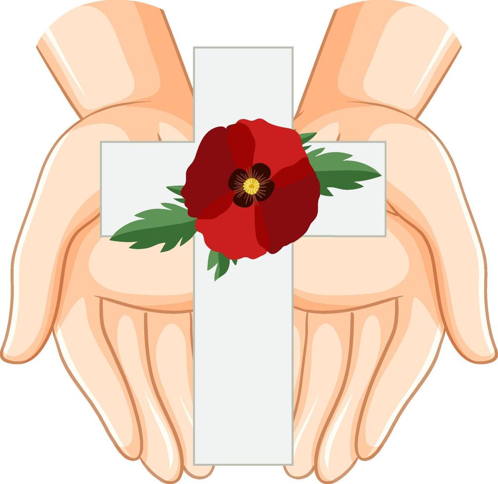 papaverbloemen op kruisgrafsteen voor herdenkingsdagpictogram vector