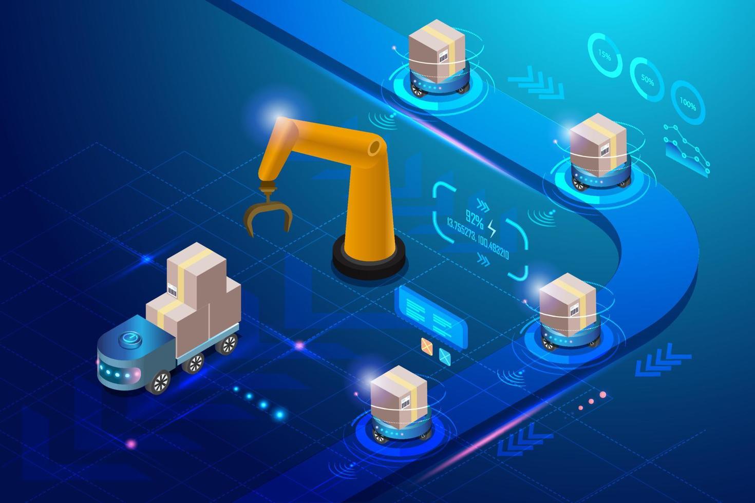 slim logistiek bezorgsysteem met geautomatiseerde robot- en draadloze technologie. verzending dozen levering autonoom met innovatie transport futuristische technologie. vector