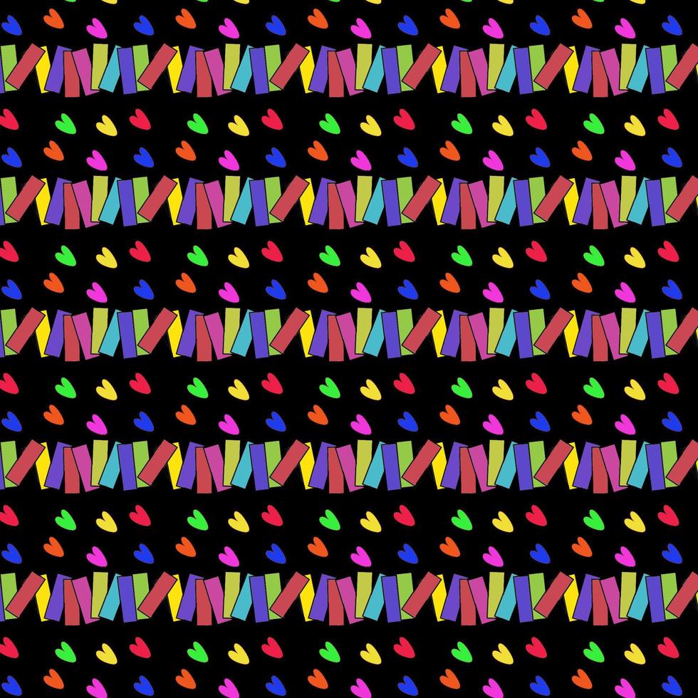 vector veelkleurige harten en rechthoek geometrische naadloze patroon op zwart