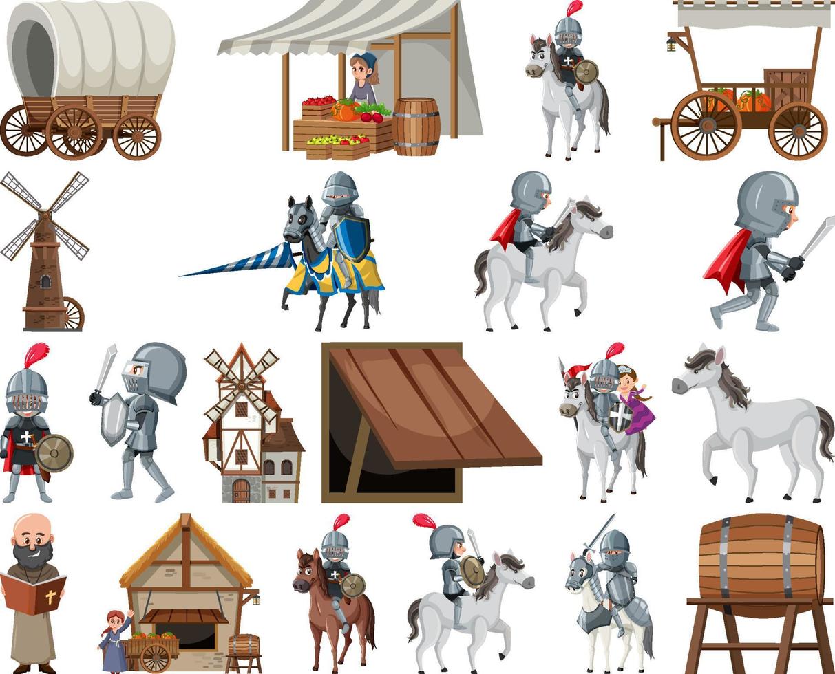 middeleeuwse stripfiguren en objecten vector