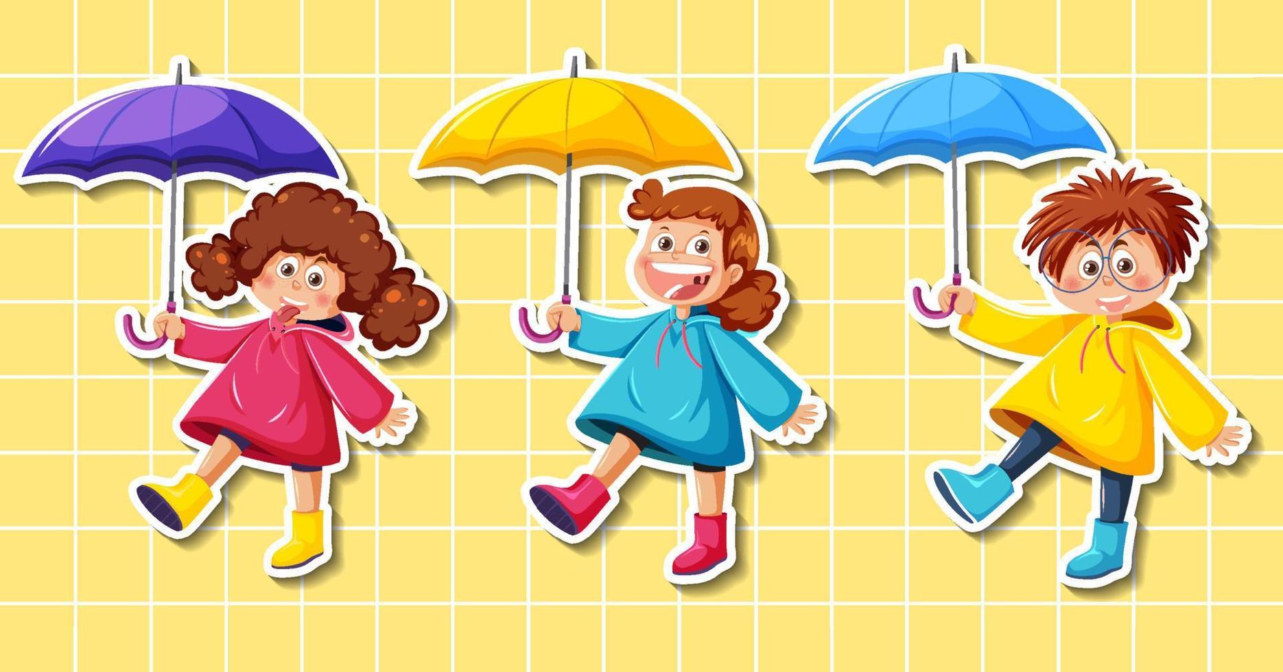 set van stripfiguren die een regenjas dragen met een paraplu vector