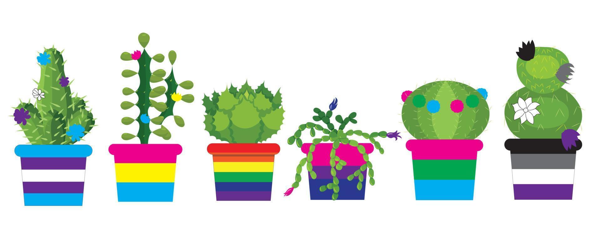 een set cactussen in potten geschilderd in de kleuren van de vlaggen van de lgbt-gemeenschap. vector voorraad illustratie geïsoleerd op een witte achtergrond.