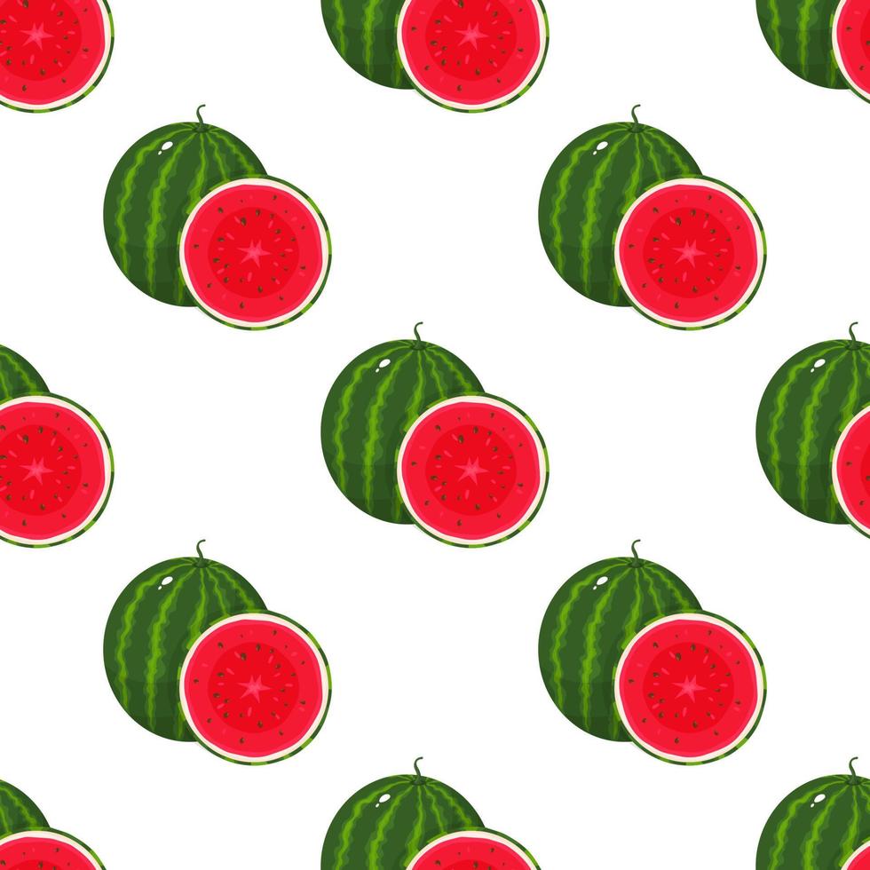 naadloze patroon met vers geheel en gesneden segment watermeloen fruit op witte achtergrond. zomerfruit voor een gezonde levensstijl. biologisch fruit. cartoon-stijl. vectorillustratie voor elk ontwerp. vector