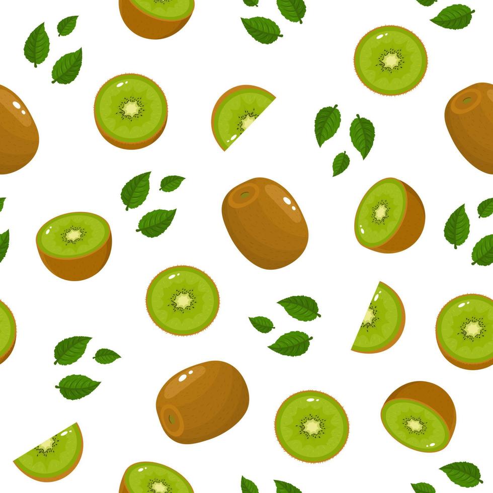 naadloze patroon met verse hele halve plak kiwi's en bladeren op een witte achtergrond. zomerfruit voor een gezonde levensstijl. biologisch fruit. cartoon-stijl. vectorillustratie voor elk ontwerp. vector
