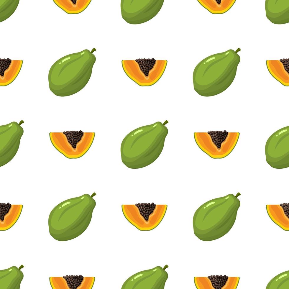 naadloze patroon met verse heldere exotische geheel en gesneden segment papaya fruit op witte achtergrond. zomerfruit voor een gezonde levensstijl. biologisch fruit. cartoon-stijl. vectorillustratie voor elk ontwerp. vector