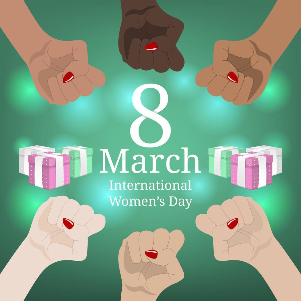 internationale vrouwendagbanner. vrouwenmars. multinationale gelijkheid. vrouwelijke hand met haar vuist opgewekt. girl power. feminisme begrip. vectorillustratie voor uw ontwerp. vector