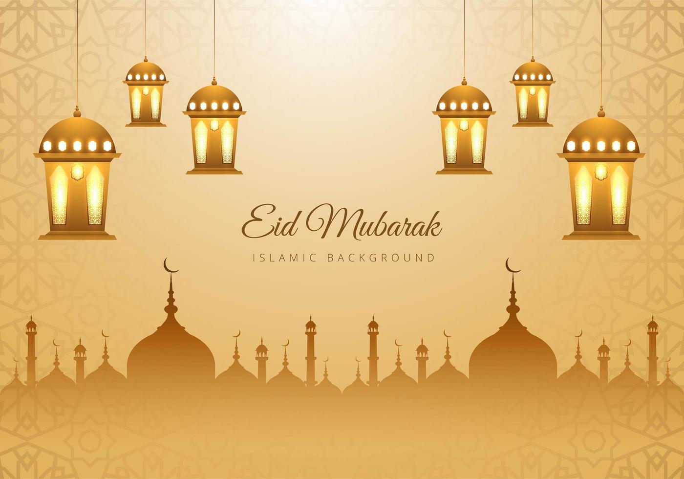 islamitische eid mubarak tan moskee silhouet lantaarns achtergrond vector