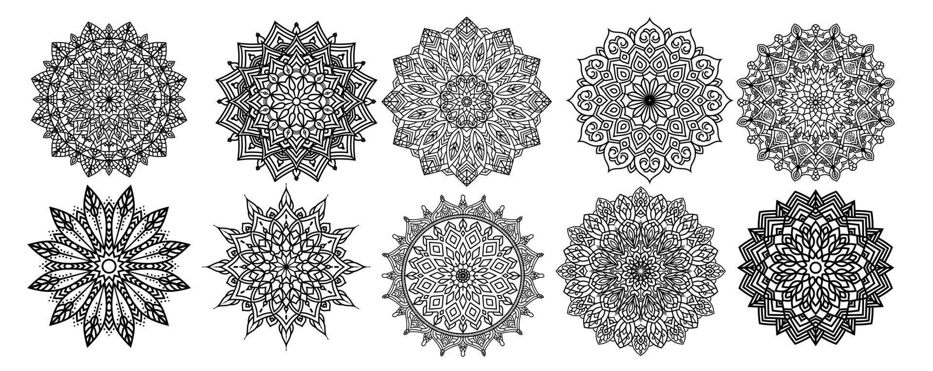 bloemen mandala vector pack van 10, ornament ronde set met een mandala, vintage decoratieve elementen. oosters patroon, vectorillustratie. islam, arabisch, turks, pakistan, chinees, mandalabundel