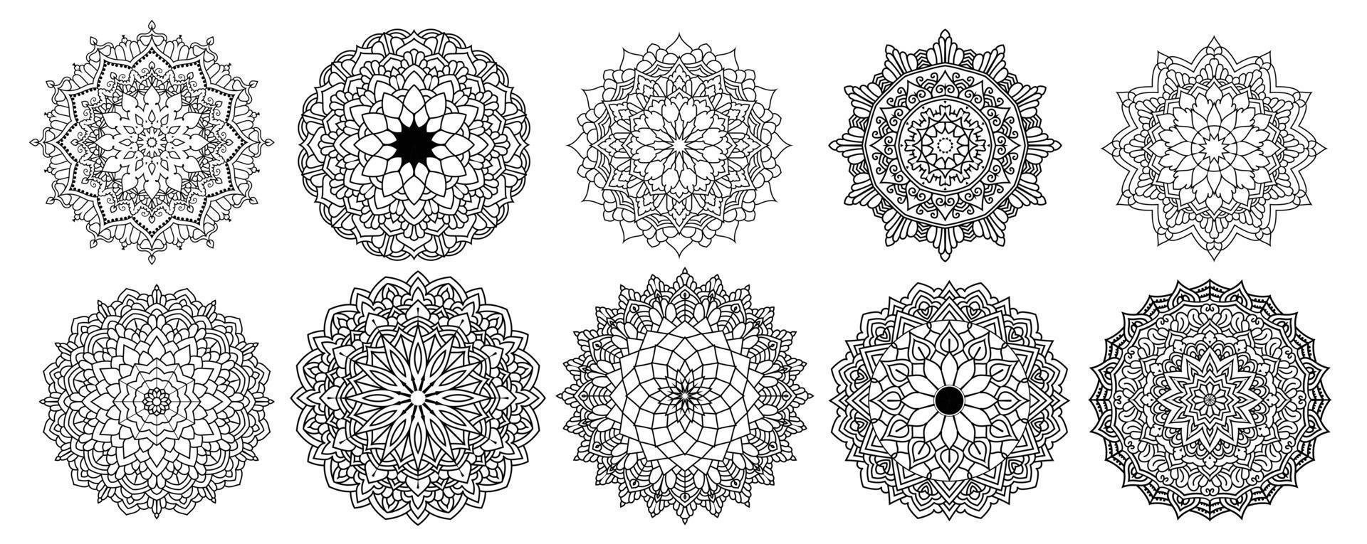 bloemen mandala vector pack van 10, ornament ronde set met een mandala, vintage decoratieve elementen. oosters patroon, vectorillustratie. islam, arabisch, turks, pakistan, chinees, mandalabundel
