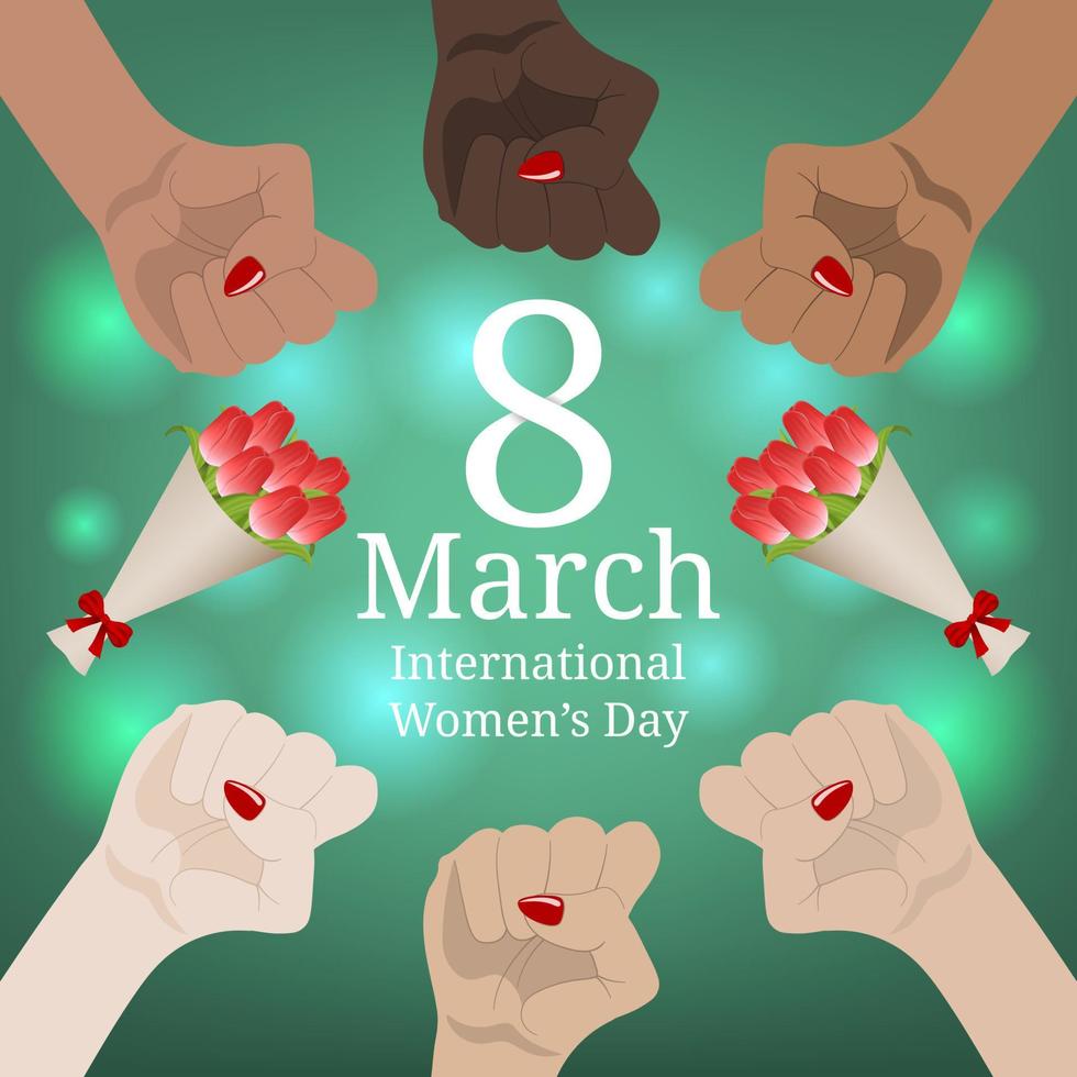 internationale vrouwendagbanner. vrouwenmars. multinationale gelijkheid. vrouwelijke hand met haar vuist opgewekt. girl power. feminisme begrip. vectorillustratie voor uw ontwerp. vector