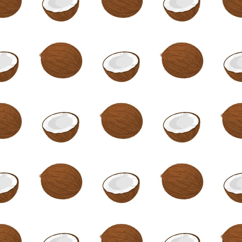 naadloze patroon met cartoon gedetailleerde bruine exotische hele en halve kokosnoot. zomerfruit voor een gezonde levensstijl. biologisch fruit. vectorillustratie voor elk ontwerp. vector