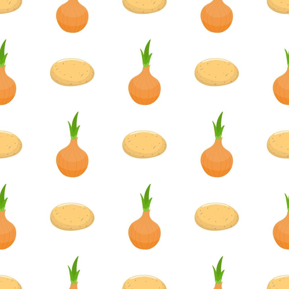 naadloos patroon met aardappelen en uiengroenten. biologisch voedsel. cartoon-stijl. vectorillustratie voor ontwerp, web, inpakpapier, stof, behang. vector