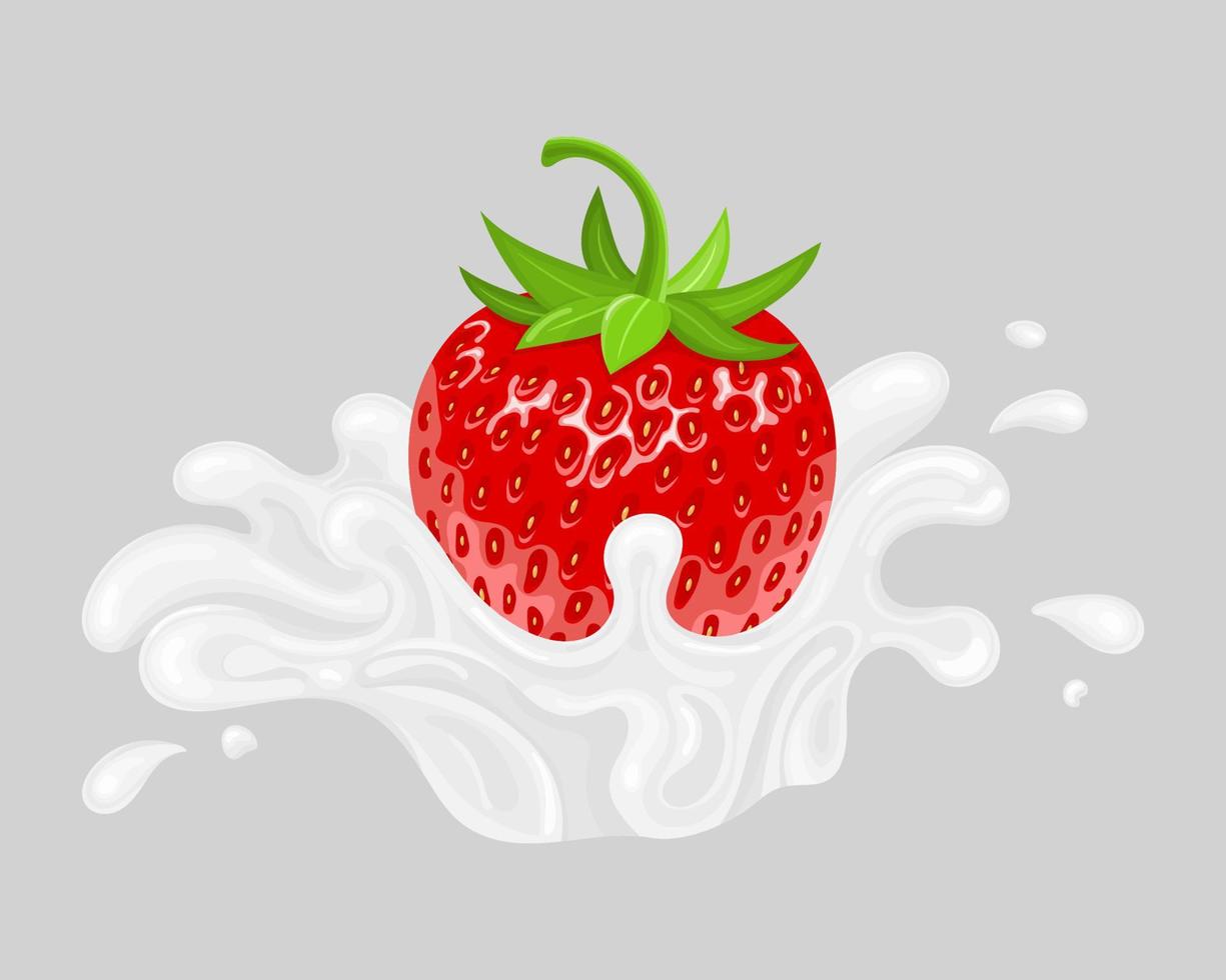 rode verse cartoon aardbei met melk splash geïsoleerd op een grijze achtergrond. zoet eten. biologisch fruit. vectorillustratie voor elk ontwerp vector