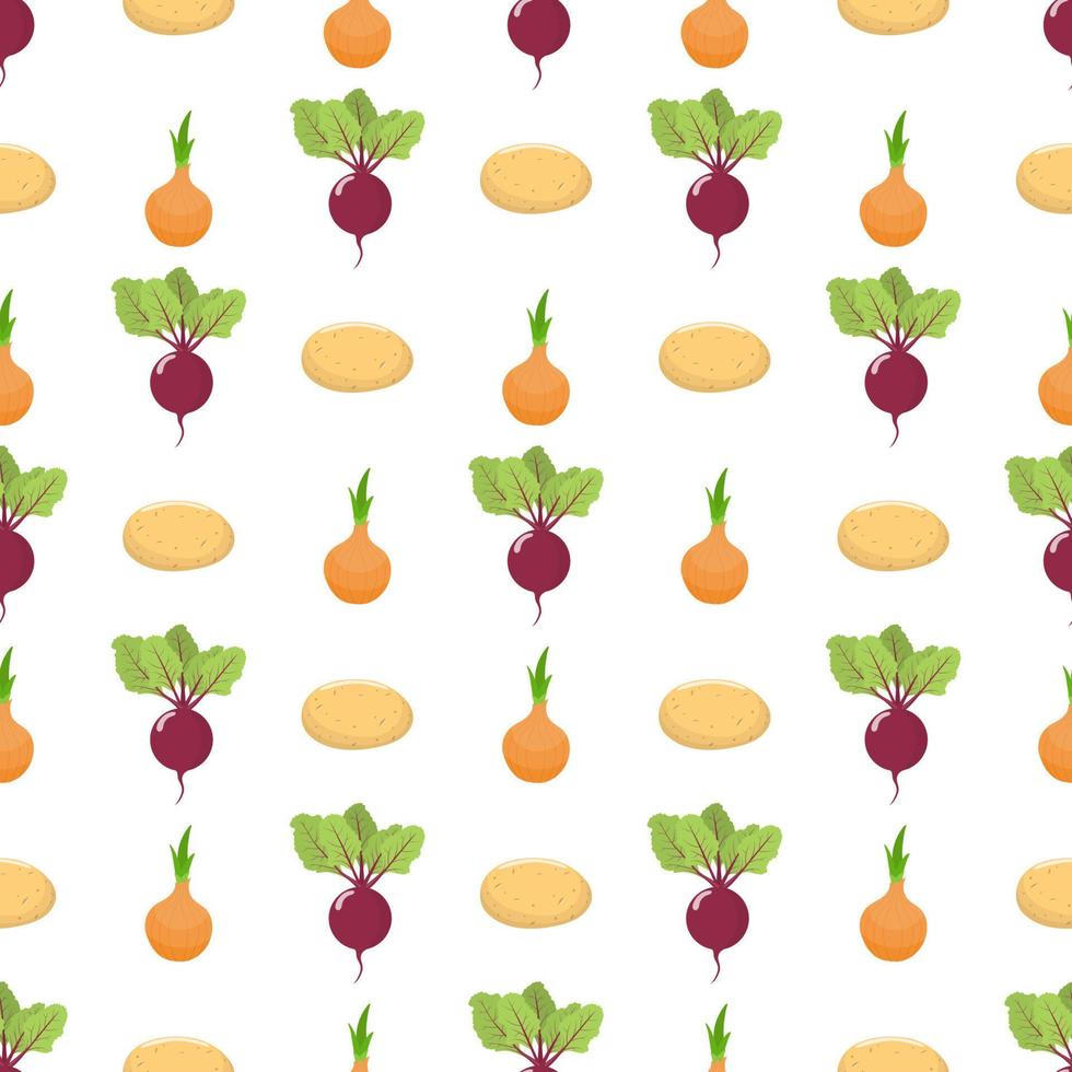 naadloos patroon met verse bieten, ui en aardappelgroenten. biologisch voedsel. cartoon-stijl. vectorillustratie voor ontwerp, web, inpakpapier, stof, behang. vector