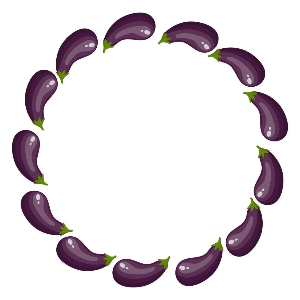 krans van aubergines met ruimte voor tekst. rauwe rijpe aubergine groenten geïsoleerd op een witte achtergrond. biologisch voedsel. cartoon-stijl. vectorillustratie voor uw ontwerp, web. vector