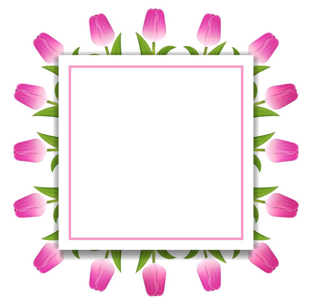 banner sjabloon achtergrond met roze tulpen. vierkant frame van tulpen met ruimte voor tekst. voucher, behang, flyers, uitnodiging, posters, brochure, couponkorting, wenskaart. vectorillustratie. vector