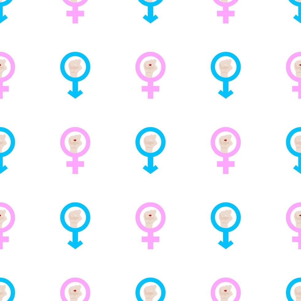 naadloos patroon met mannelijke en vrouwelijke, man en vrouw symbolen. blauwe en roze kleuren. vuisten opheffen. geslachtsgelijkheid. vectorillustratie voor ontwerp, web, inpakpapier, stof, behang. vector