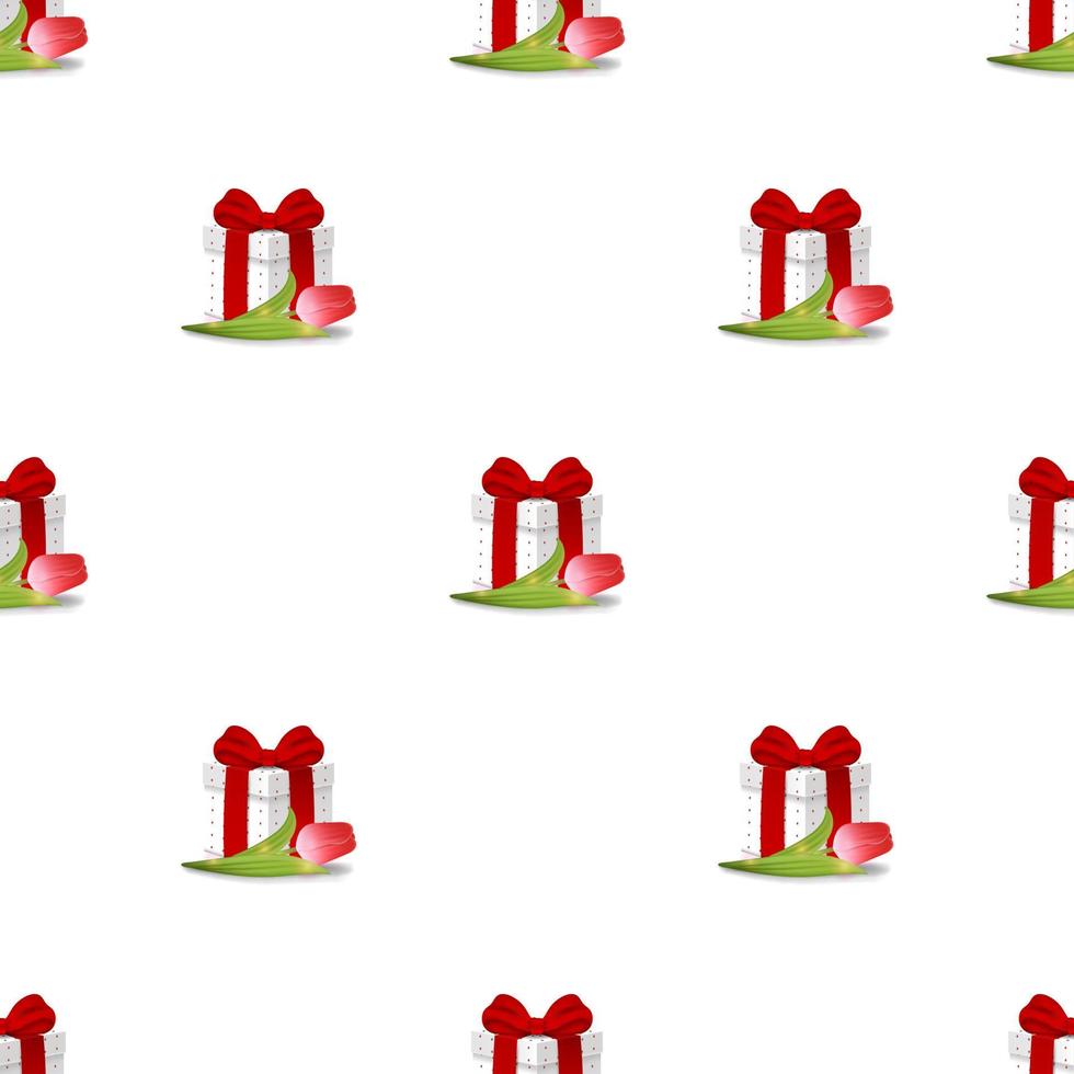 naadloos patroon met realistische 3d giftdoos met rode tulp op witte achtergrond. Kerstmis, Valentijnsdag, Nieuwjaar, feesten, verjaardagen. vectorillustratie voor ontwerp, inpakpapier, stof vector