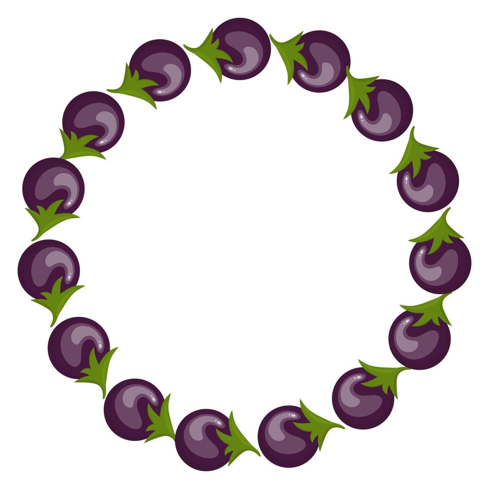 krans van aubergines met ruimte voor tekst. rauwe rijpe aubergine groenten geïsoleerd op een witte achtergrond. biologisch voedsel. cartoon-stijl. vectorillustratie voor uw ontwerp, web. vector