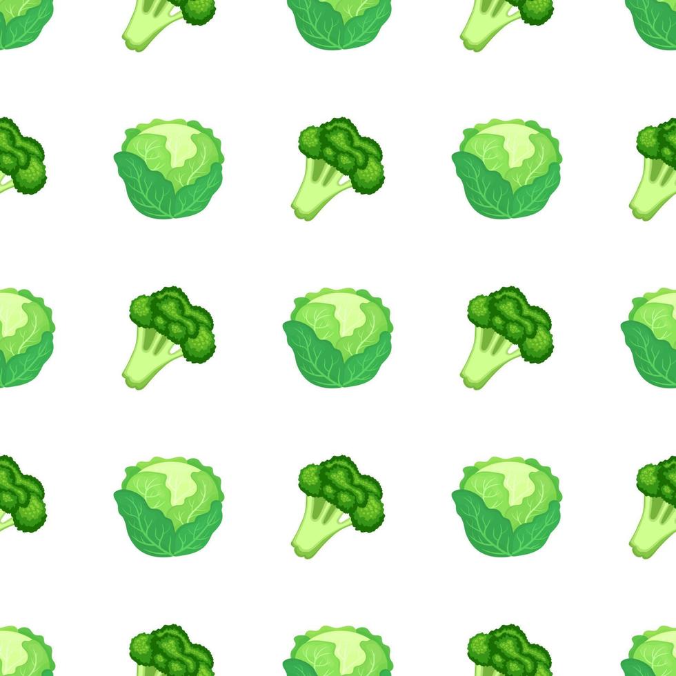 naadloze patroon met verse groene kool en broccoli geïsoleerd op een witte achtergrond. biologisch voedsel. cartoon-stijl. vectorillustratie voor ontwerp, web, inpakpapier, stof, behang. vector