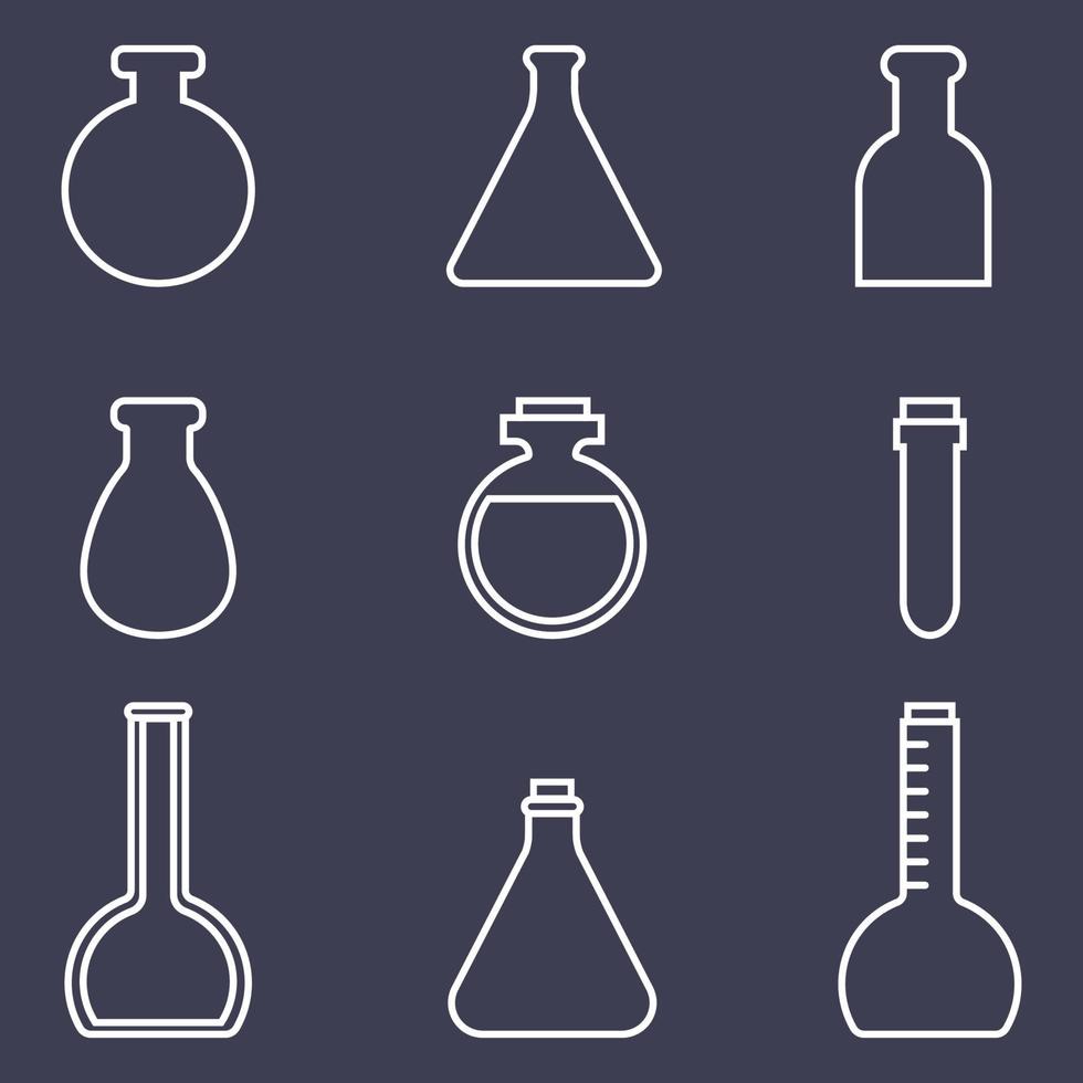 flessen pictogrammen instellen geïsoleerd op donkere achtergrond. chemie apparatuur. medische accessoires. vectorillustratie. vector