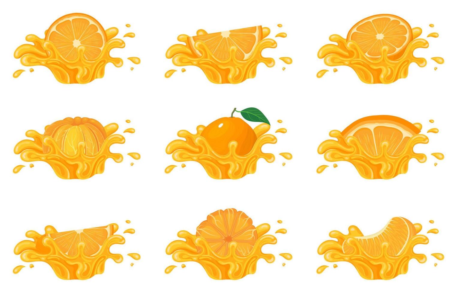 set van verse heldere sinaasappel, mandarijn of tagerine SAP splash burst geïsoleerd op een witte achtergrond. zomer vruchtensap. cartoon-stijl. vectorillustratie voor elk ontwerp. vector