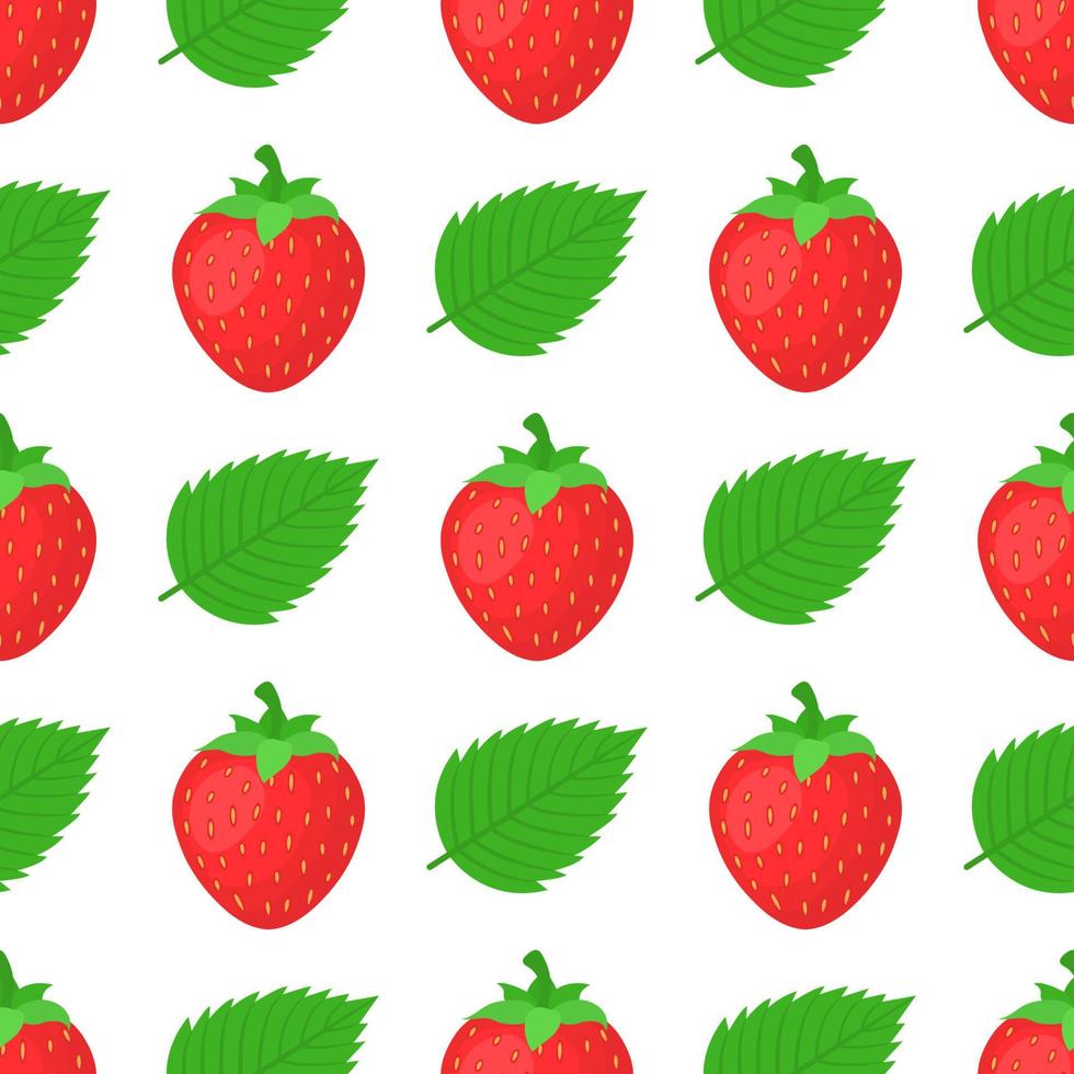 naadloze patroon met verse heldere exotische hele aardbeien en bladeren op een witte achtergrond. zomerfruit voor een gezonde levensstijl. biologisch fruit. cartoon-stijl. vectorillustratie voor elk ontwerp. vector